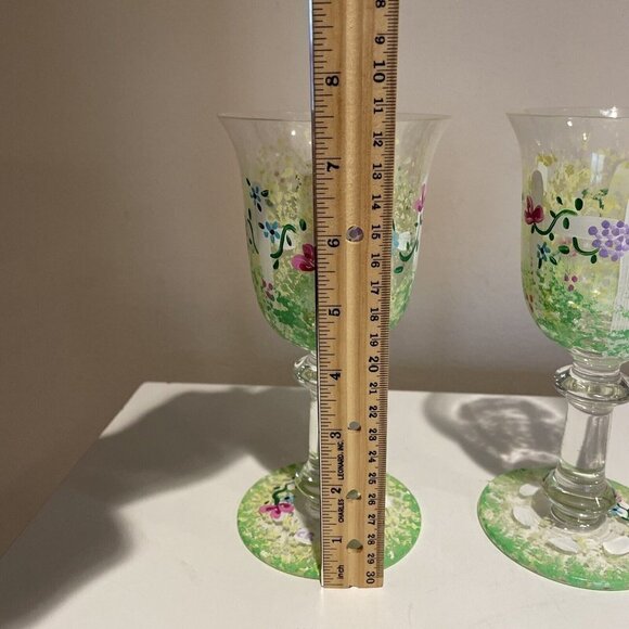 Art Glass Stemmed Goblets Wine or Water Glasses Hand Painted Flowers Signed "CR" - Picture 10 of 11